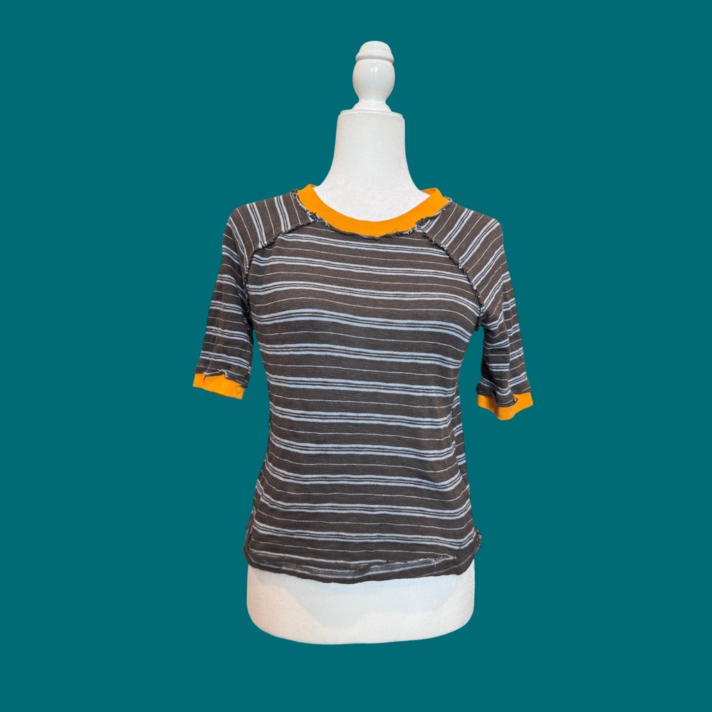 We The Free Striped Ringer Top Womens S Brown Orange Excellent Boho Grunge Tee